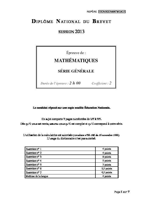 SESSION 2013 Épreuve de - maths et tiques
