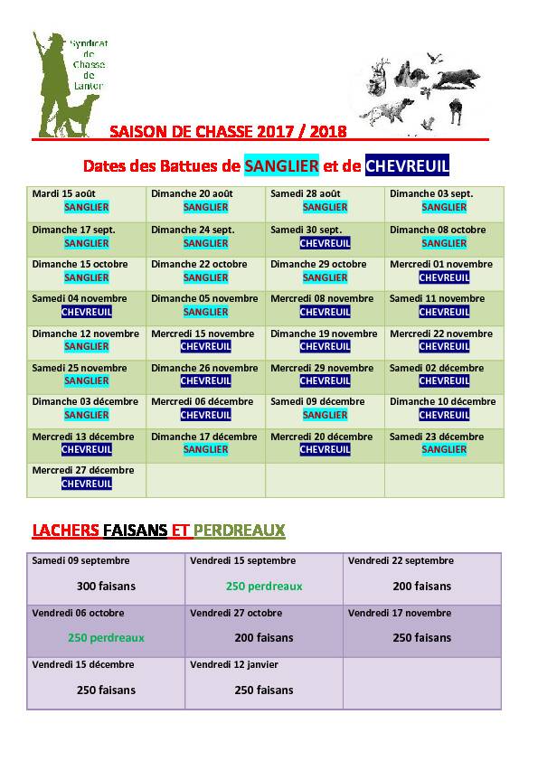 SAISON DE CHASSE 2017 / 2018 Dates des Battues de SANGLIER et