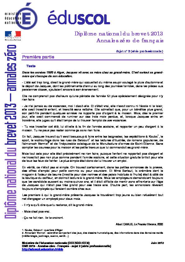 Diplôme national du brevet 2013 Annales zéro de français