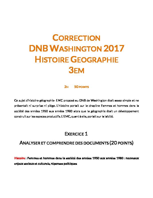 CORRECTION DNB WASHINGTON 2017 HISTOIRE GEOGRAPHIE