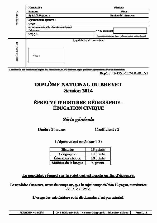 DIPLÔME NATIONAL DU BREVET Session 2014 Série générale