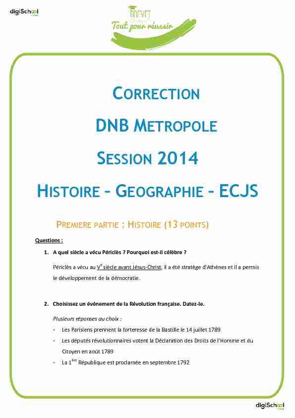 CORRECTION DNB METROPOLE SESSION 2014 HISTOIRE