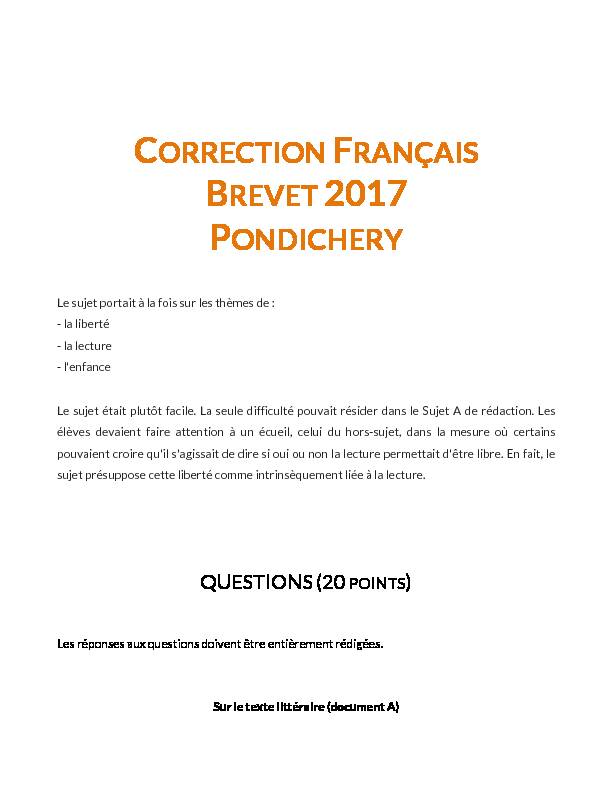 [PDF] CORRECTION FRANÇAIS BREVET 2017 PONDICHERY - AlloSchool