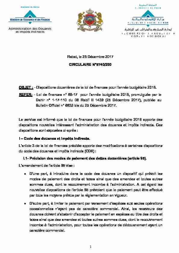Rabat le 28 Décembre 2017 CIRCULAIRE N°5740/200 OBJET