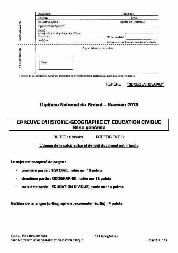 Diplôme National du Brevet – Session 2013 EPREUVE DHISTOIRE