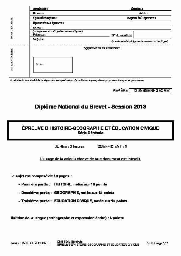 Diplôme National du Brevet - Session 2013