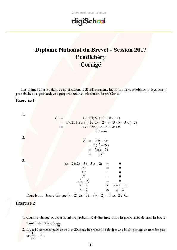 Diplôme National du Brevet - Session 2017 Pondichéry Corrigé
