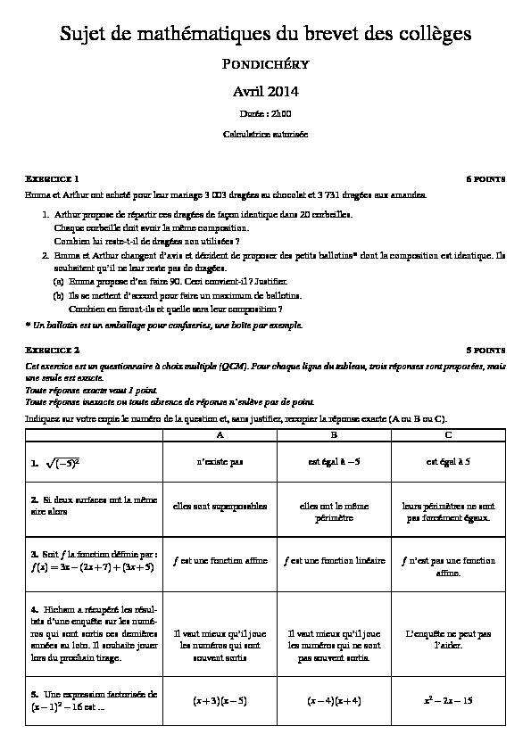 [PDF] Sujet de mathématiques du brevet des collèges 2014 corrigé