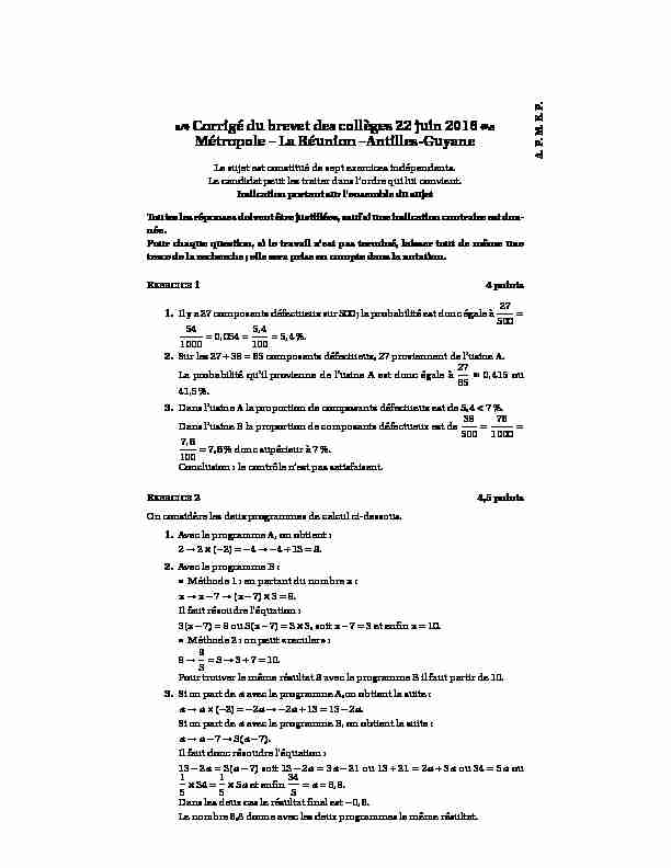 Corrigé du brevet des collèges 22 juin 2016 Métropole – La