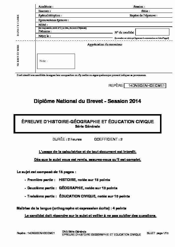 [PDF] Diplôme National du Brevet - Session 2014