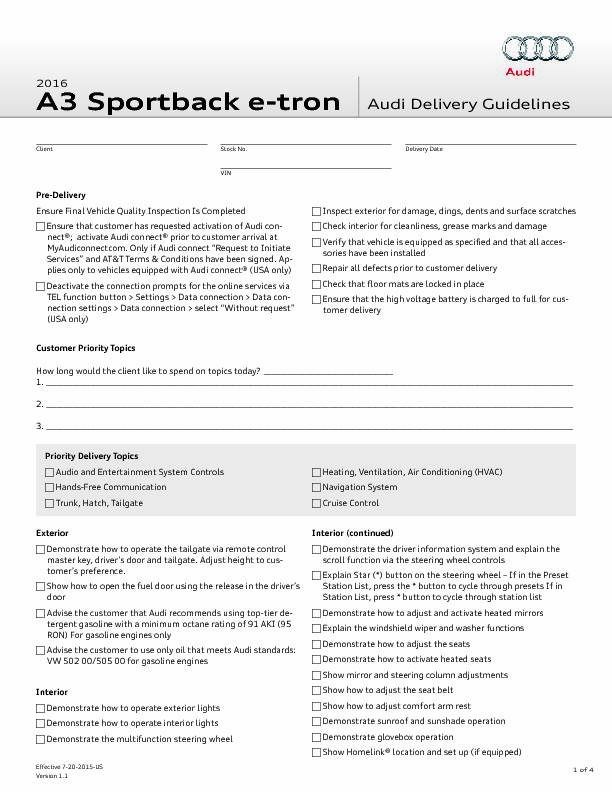 A3 Sportback e-tron Audi Delivery Guidelines