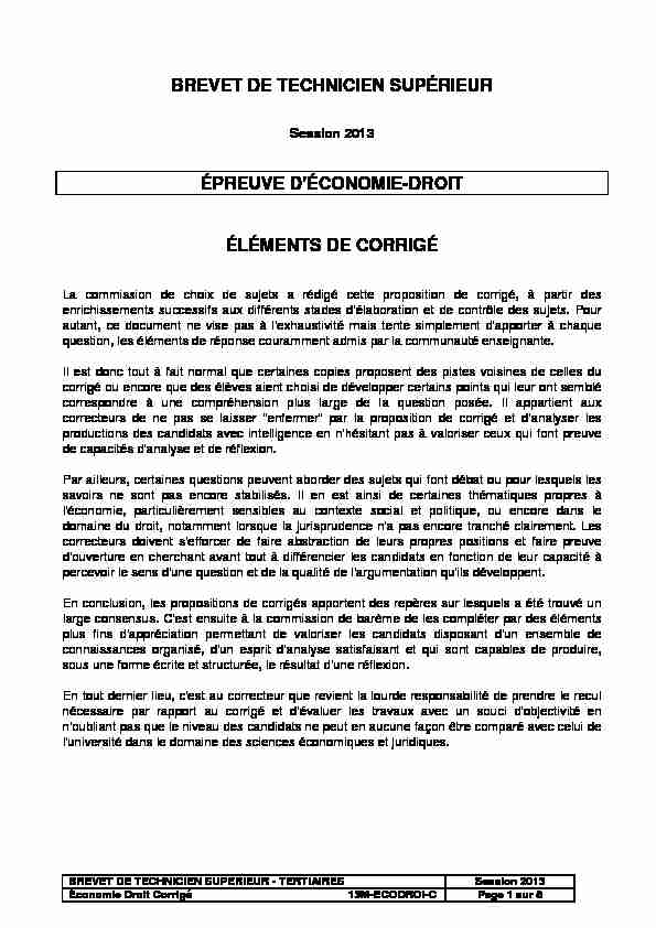 ÉPREUVE D'ÉCONOMIE-DROIT ÉLÉMENTS DE CORRIGÉ