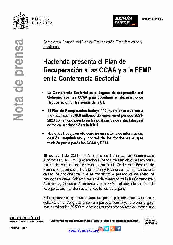 Hacienda presenta el Plan de Recuperación a las CCAA y a la