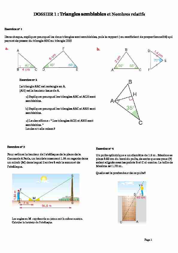 DOSSIER 1 : Triangles semblables et Nombres relatifs