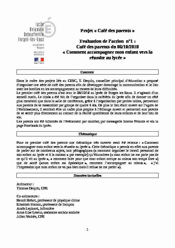 Evaluation de laction n°1 : Café des parents du 06/10/2018