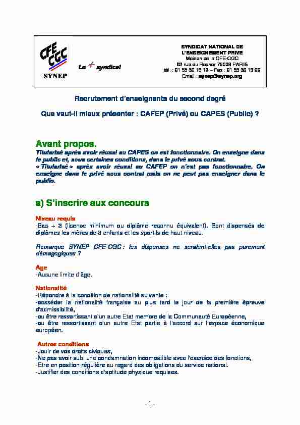 [PDF] CAFEP (Privé) ou CAPES (Public) - Synep CFE-CGC