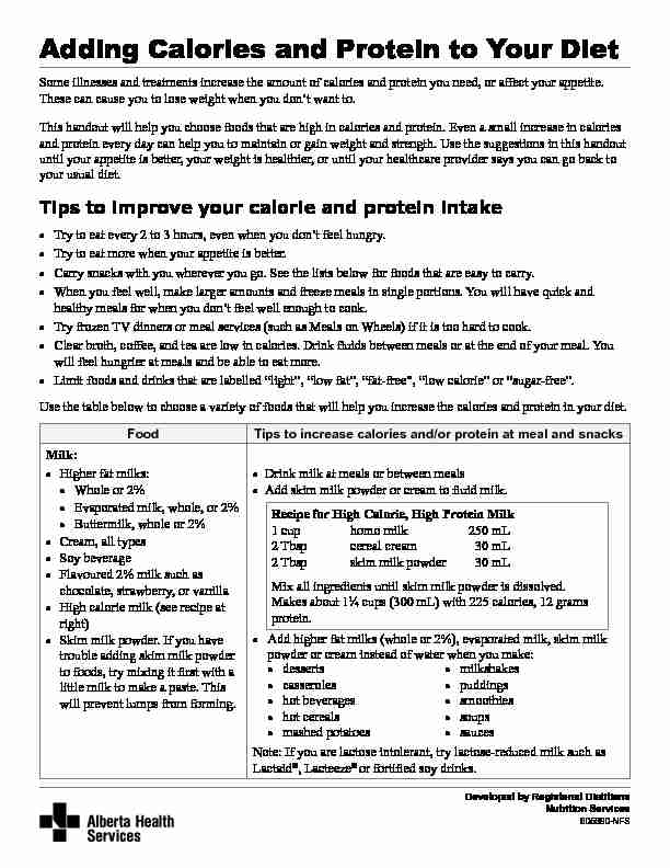 [PDF] Adding Calories and Protein to Your Diet  Alberta Health Services