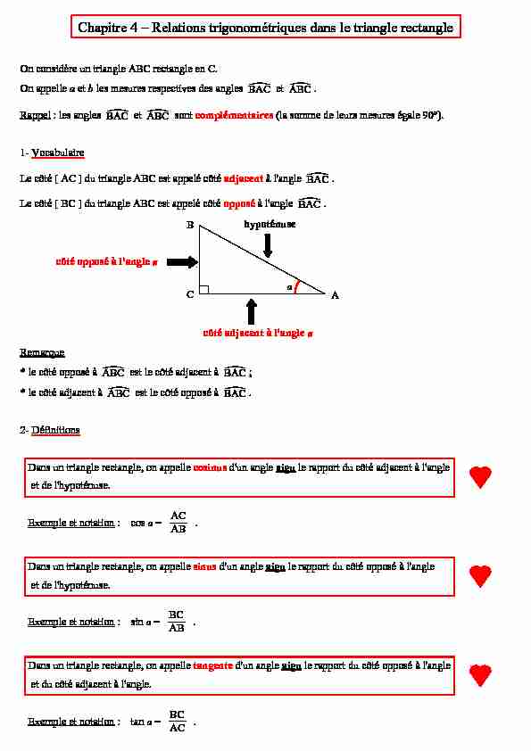 [PDF] Chapitre 4 – Relations trigonométriques dans le triangle rectangle