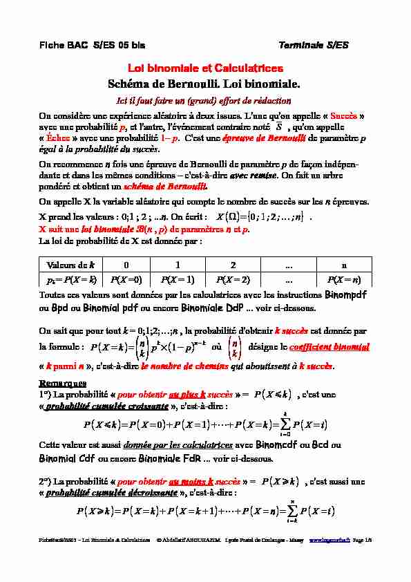 Loi binomiale et Calculatrices - Schéma de Bernoulli. Loi binomiale.