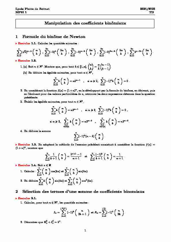Manipulation des coefficients binômiaux 1 Formule du binôme de