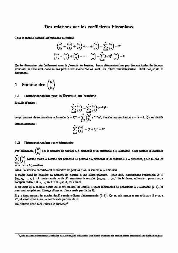 [PDF] Des relations sur les coefficients binomiaux 1 Somme des (n k )