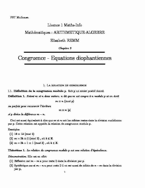 Congruence - Equations diophantiennes