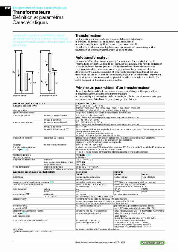 B92 Transformateurs Déﬁ nition et paramètres Caractéristiques