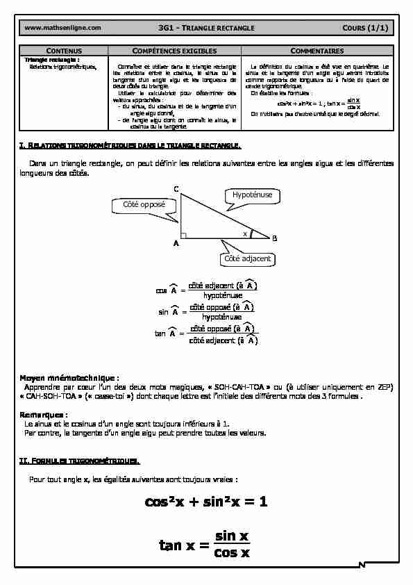 [PDF] cos²x   sin²x = 1 tan x = sin x cos x - MATHS EN LIGNE