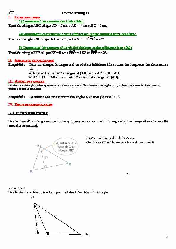 [PDF] 5 Cours : Triangles 1) Connaissant les mesures des trois côtés