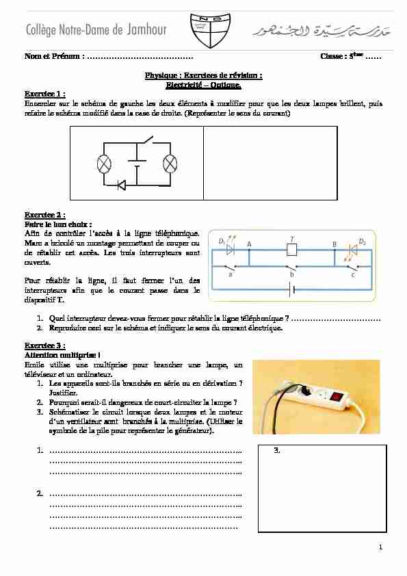 [PDF] Classe : 5ème  Physique : Exercices de révision : Electricité