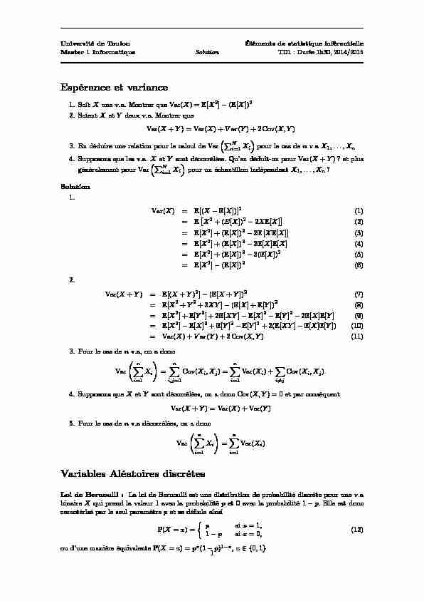 [PDF] Espérance et variance Variables Aléatoires discrètes