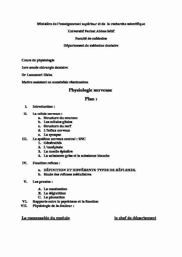 [PDF] Physiologie nerveuse Plan : - Faculté de Médecine