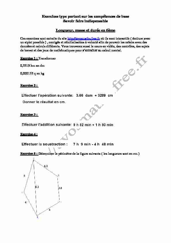 [PDF] 6eme exercices de maths sur les longueurs masses et durées