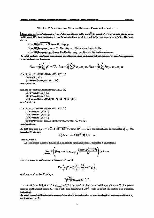 [PDF] TP 2 - Méthodes de Monte-Carlo - Corrigé succinct Exercice 1 1 L