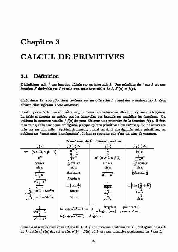 [PDF] Calcul de Primitives 1 Primitives usuelles 2 Primitives de Fractions