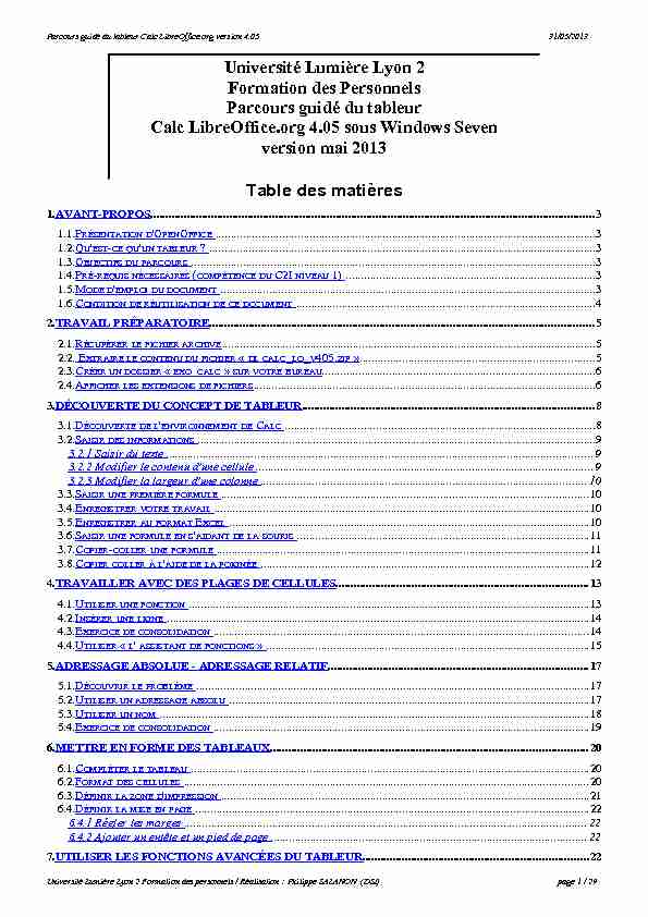 [PDF] Parcours guidé du tableur Calc LibreOfficeorg version 405