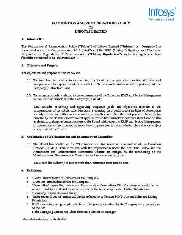 NOMINATION AND REMUNERATION POLICY OF INFOSYS LIMITED