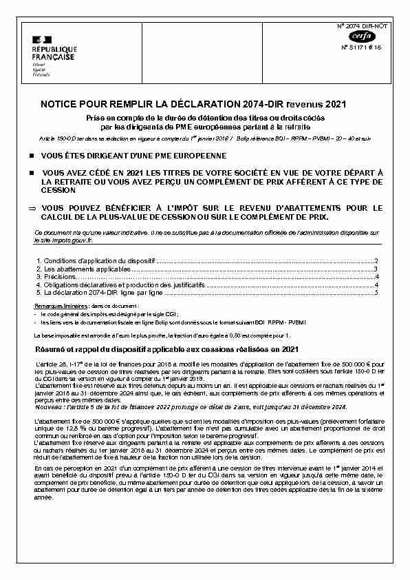 [PDF] NOTICE POUR REMPLIR LA DÉCLARATION 2074-DIR revenus 2021
