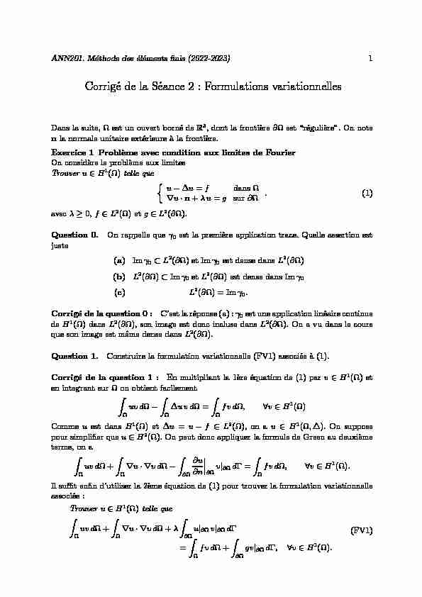 Corrig e de la S eance 2 : Formulations variationnelles