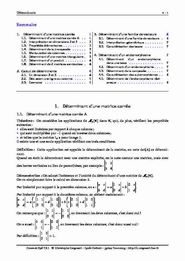 [PDF] Sommaire 1 Déterminant dune matrice carrée - Christophe Caignaert