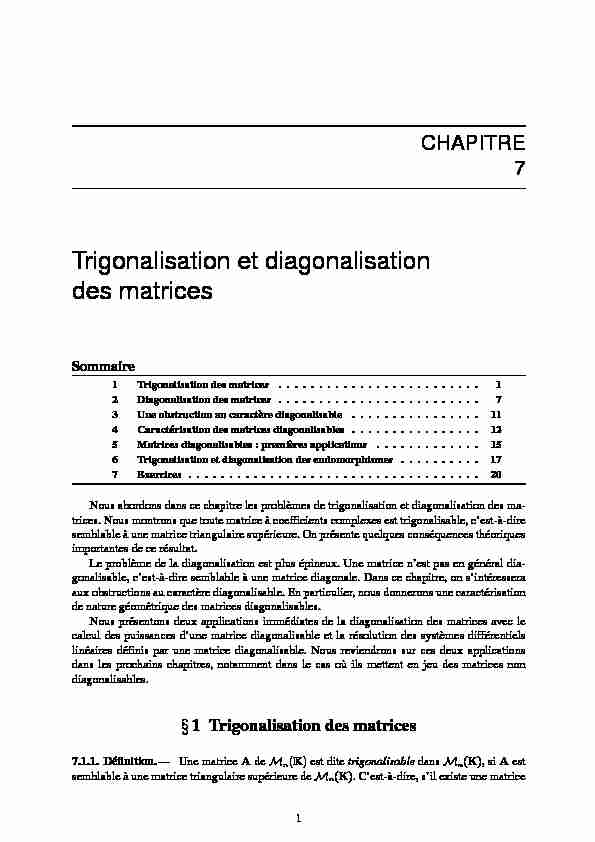 chapitre 7 : Trigonalisation et diagonalisation des matrices