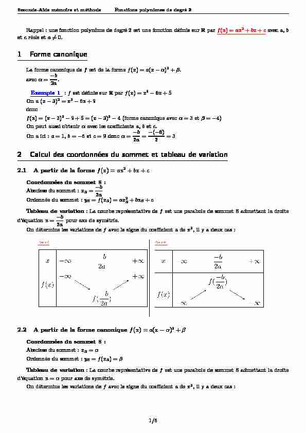 [PDF] 1 Forme canonique 2 Calcul des coordonnées du sommet et