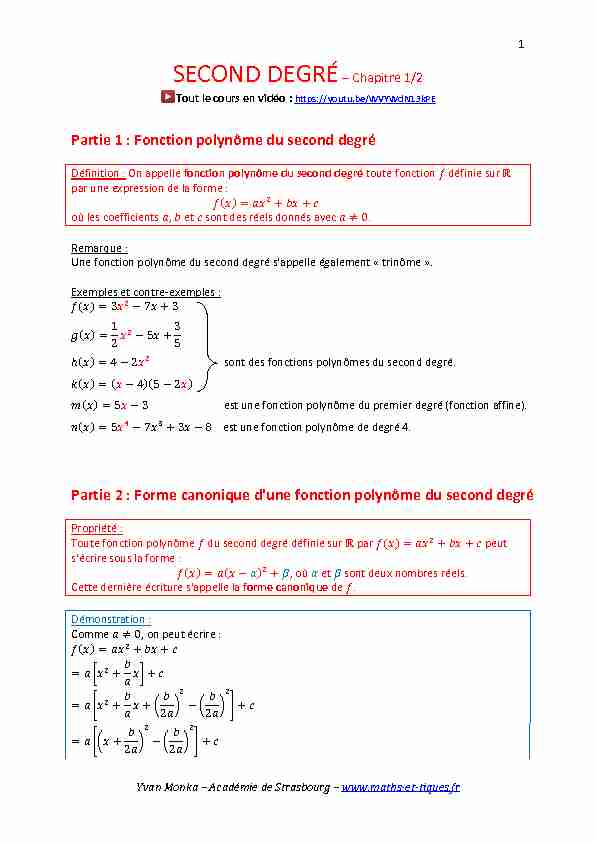 [PDF] Forme canonique dune fonction polynôme du second degré