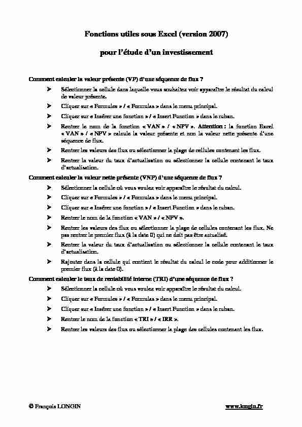 [PDF] Fonctions utiles sous Excel (version 2007) pour létude dun