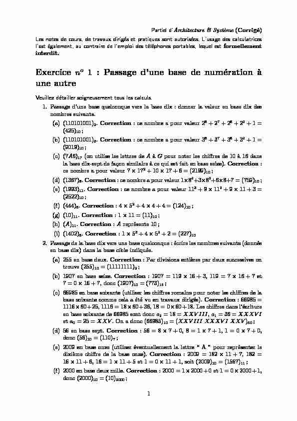 [PDF] Exercice no 1 : Passage dune base de numération `a une autre - LIPN