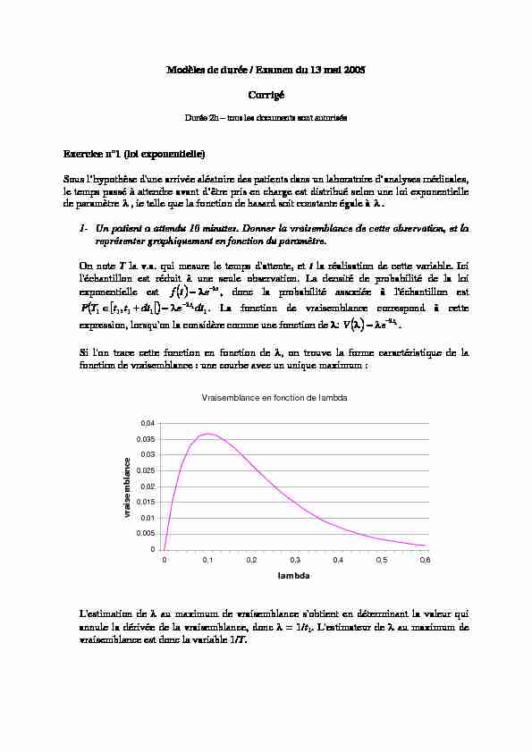 [PDF] Modèles de durée / Examen du 13 mai 2005 Corrigé Exercice n°1