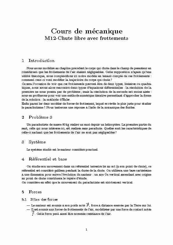 [PDF] Cours de mécanique - M12-Chute libre avec frottements - Physagreg