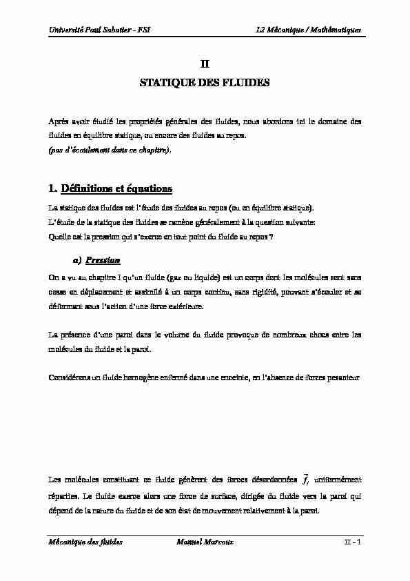 [PDF] II STATIQUE DES FLUIDES 1 Définitions et équations