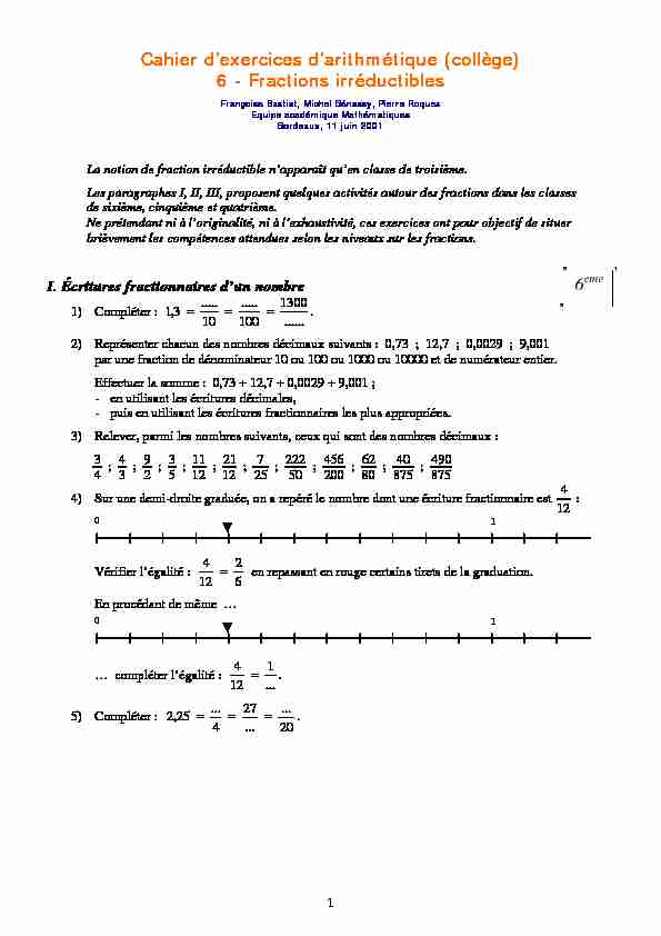 [PDF] Cahier dexercices darithmétique (collège) 6 - Fractions irréductibles