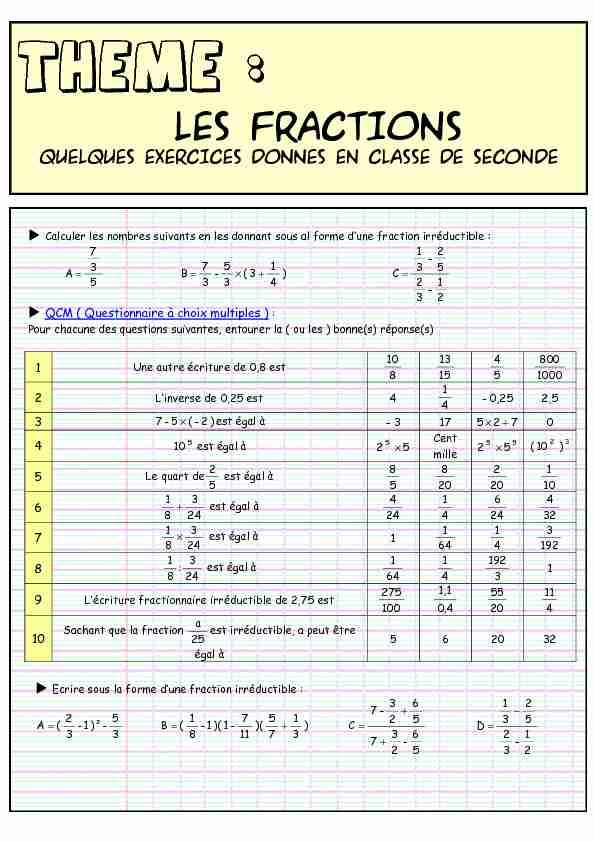 Calcul fractionnaire - Exercices donnés en Seconde